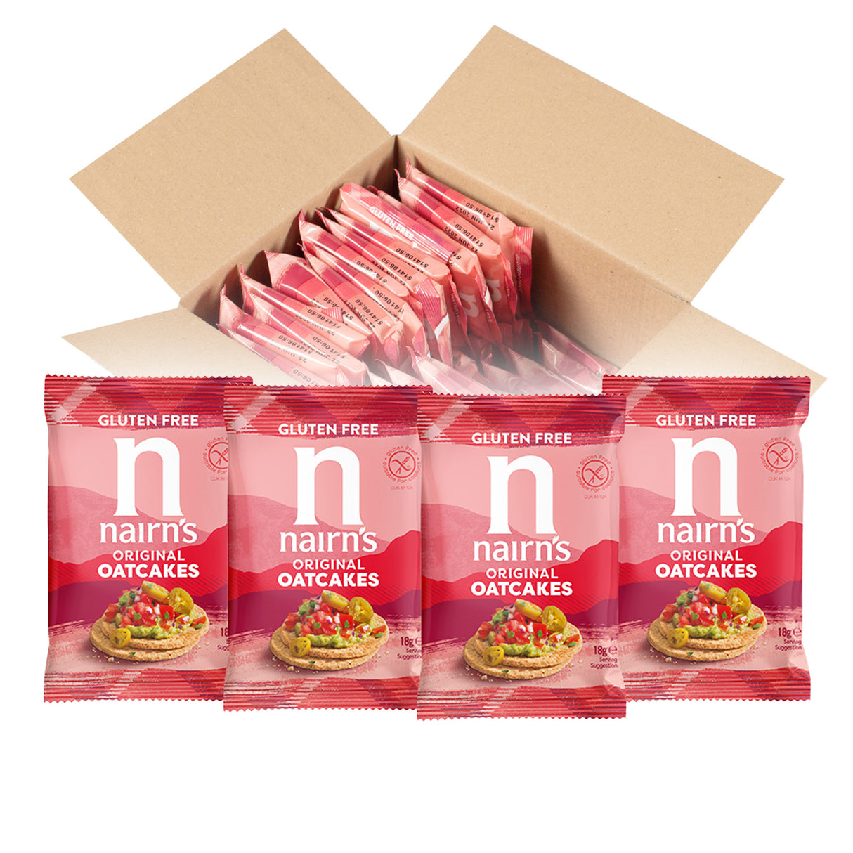 Open box of Nairn's Gluten Free Oatcakes with multiple packages displayed.