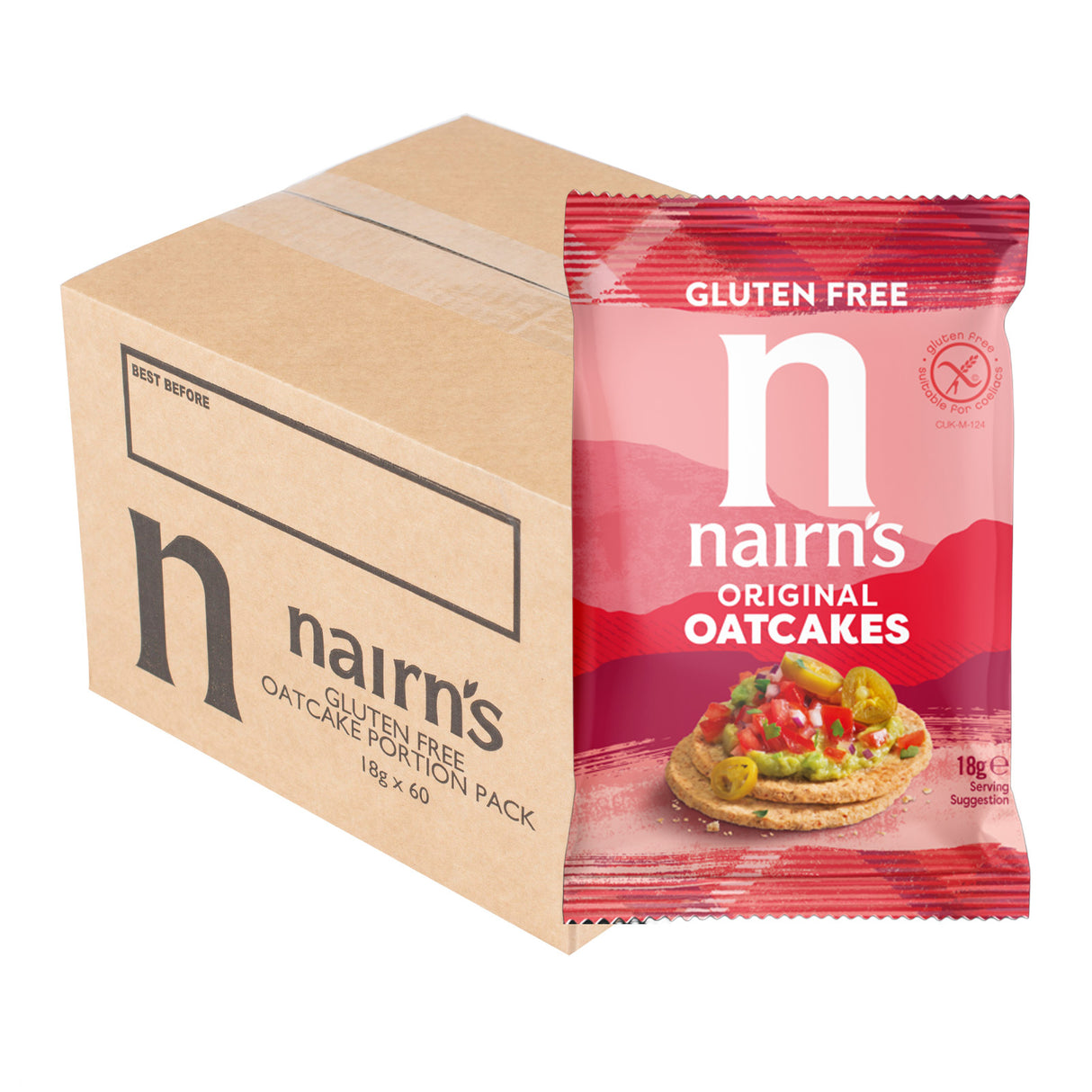 Nairn's Gluten Free Oatcakes packaging with a box on a white background