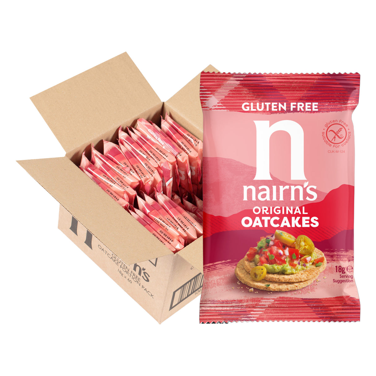 Nairn's gluten-free original oatcakes packaging with a box of additional packages.