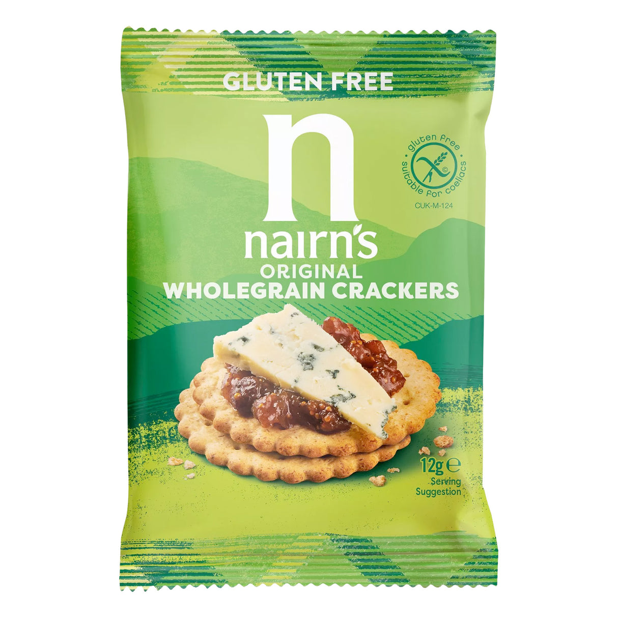 Packaging of Nairn's Gluten-Free Original Wholegrain Crackers with a green background