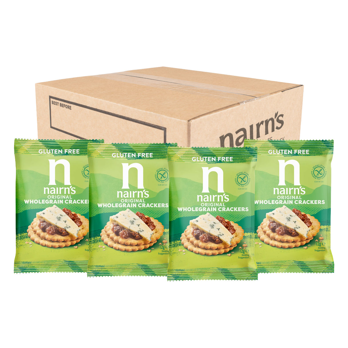 Packaging of nairn's gluten-free wholegrain crackers with a cardboard box in the background.