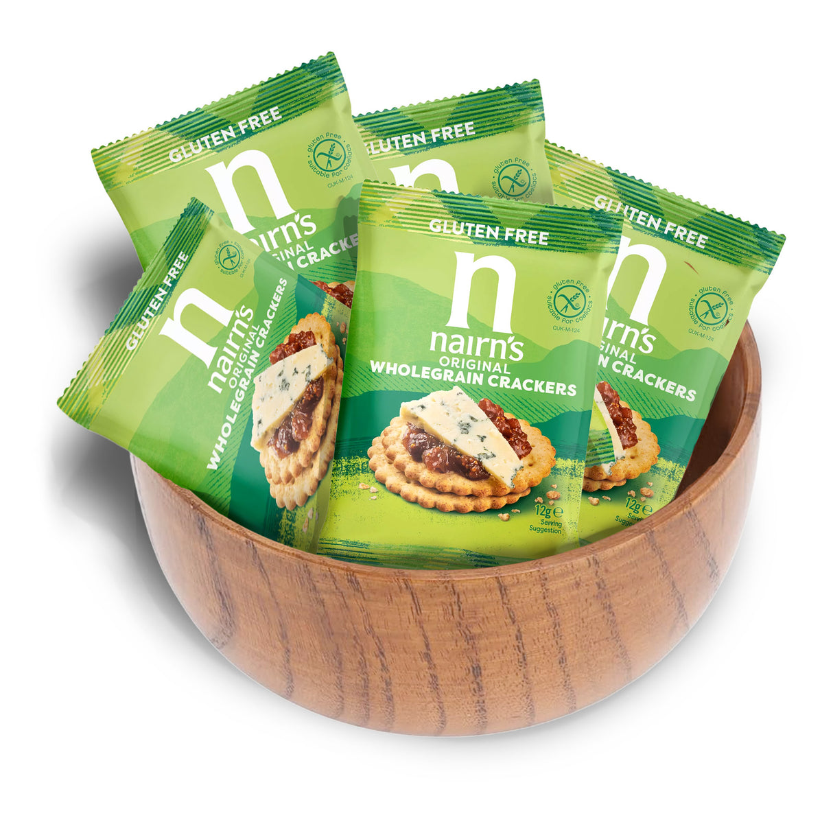 Nairn's gluten-free wholegrain crackers in green packaging arranged in a wooden bowl on a white background.
