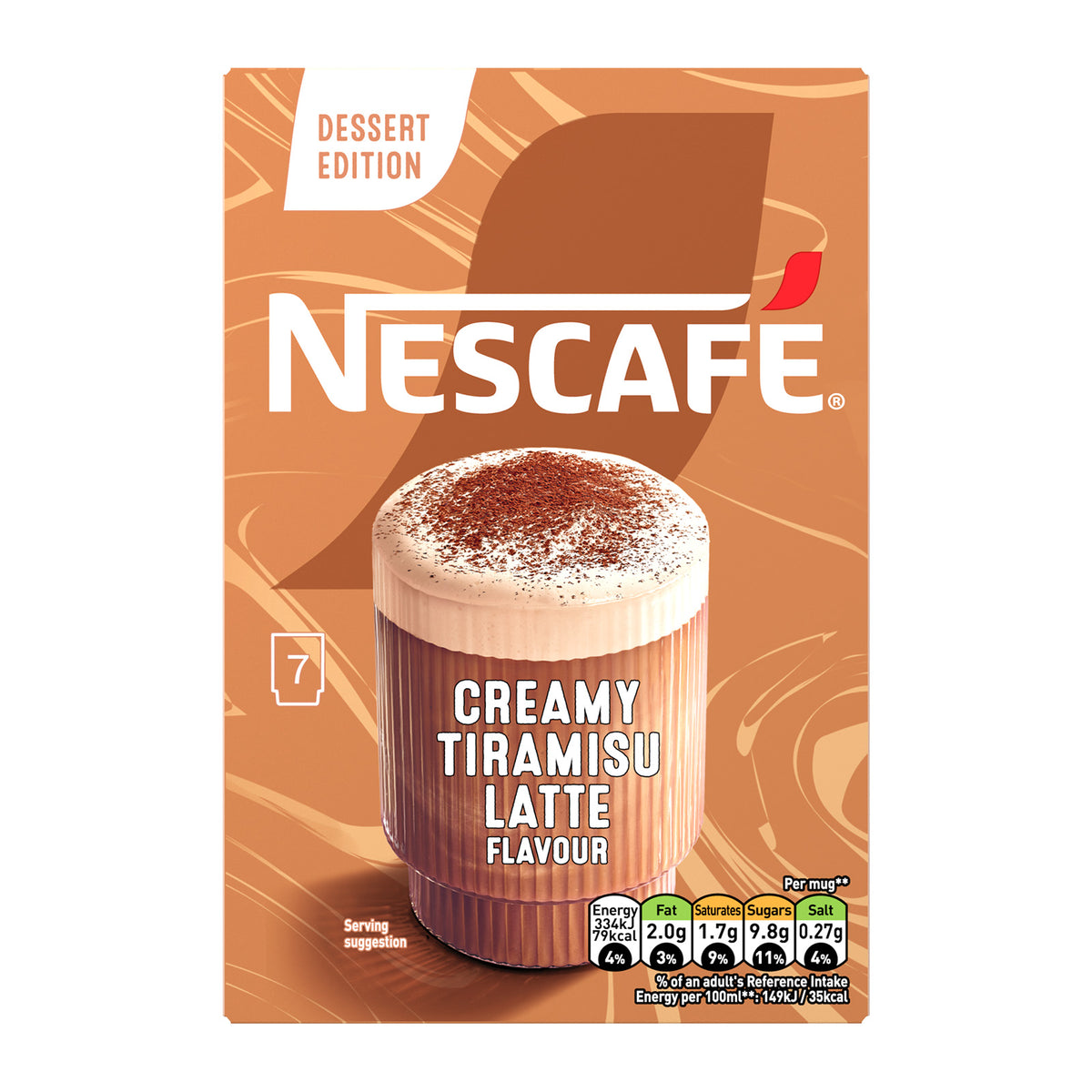A box of Nescafe 7 Creamy Tiramisu Latte Flavour dessert edition, featuring a brown and orange design with a cup of coffee illustration.