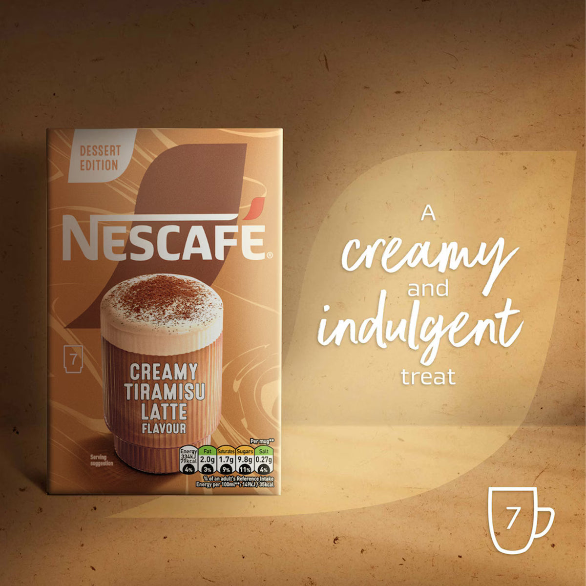 Nescafe Creamy Tiramisu Latte Flavour dessert edition sachet shown on a textured brown background next to promotional text reading 'A creamy and indulgent treat' with a cup icon.