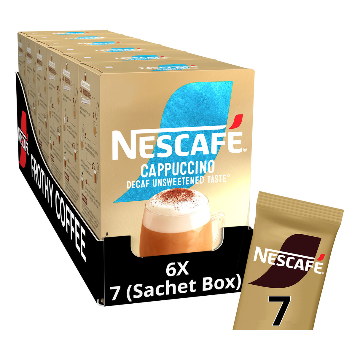Nescafe Cappuccino decaf unsweetened coffee package with a single sachet on a white background
