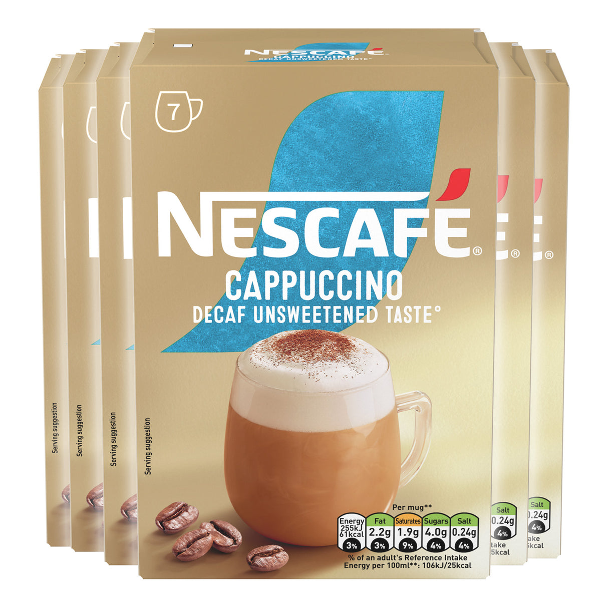 Packaging of Nescafe Cappuccino Decaf Unsweetened Taste on a white background