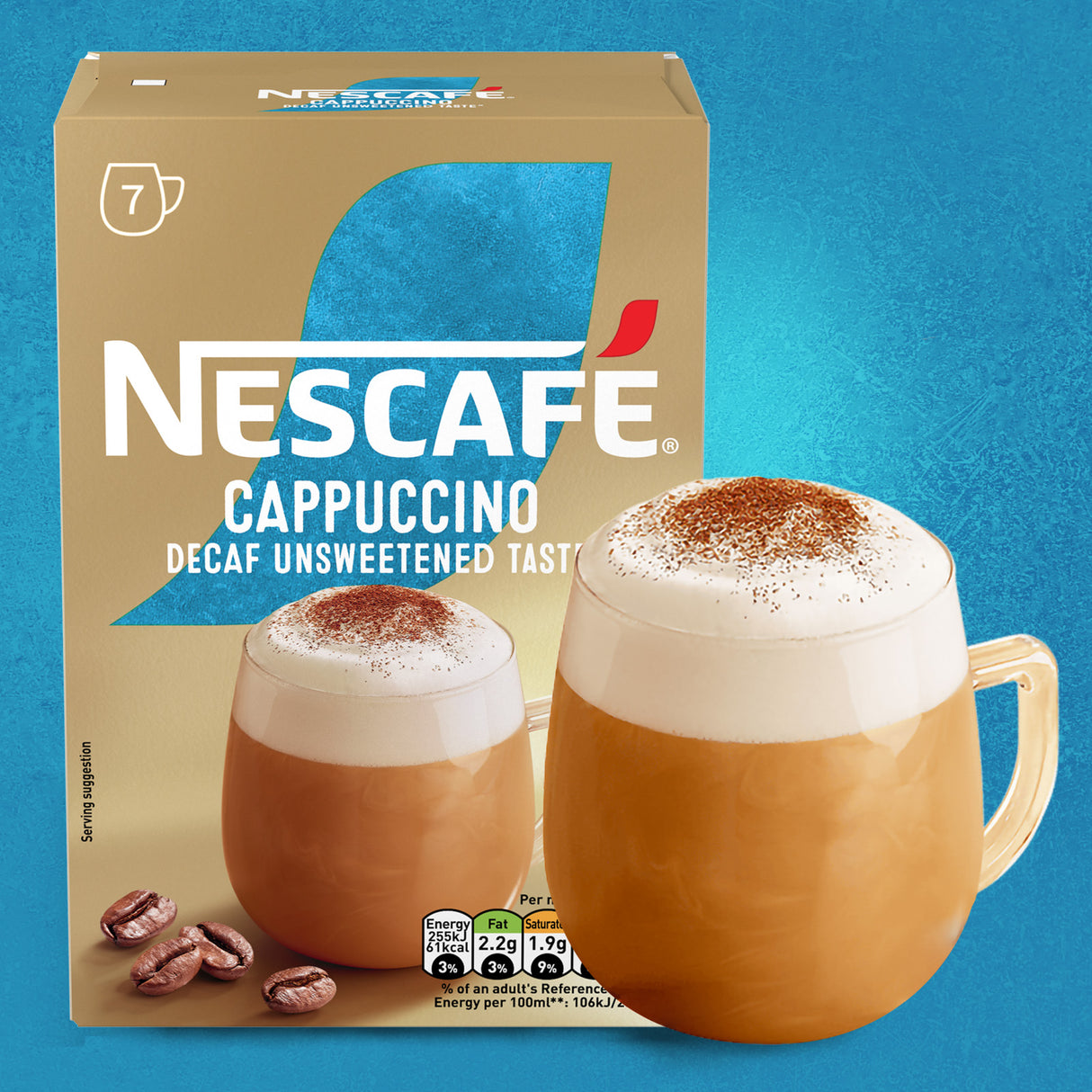 Nescafe Cappuccino Decaf Unsweetened Taste packaging with two cups of cappuccino on a blue background