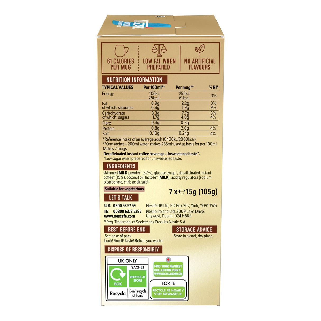 Box of Nescafe instant coffee with nutritional information and recycling details on a white background