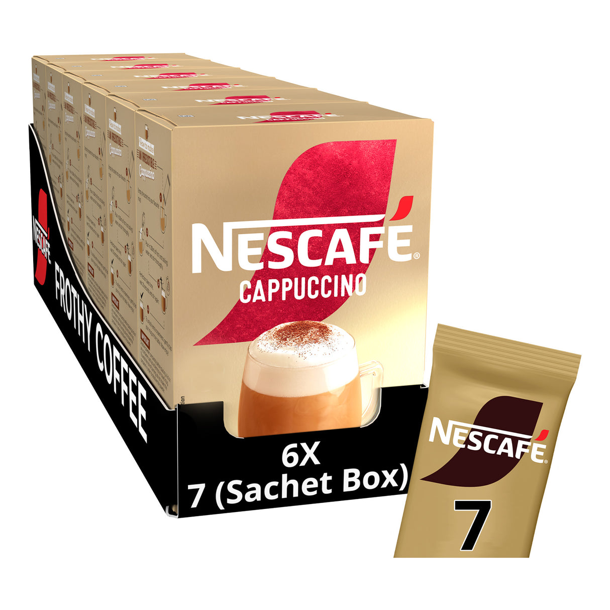 Nescafe Cappuccino packaging with a single sachet on a white background