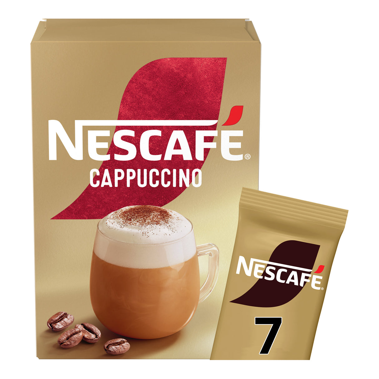 Nescafe Cappuccino packaging with a cup of cappuccino and coffee beans on a beige background.