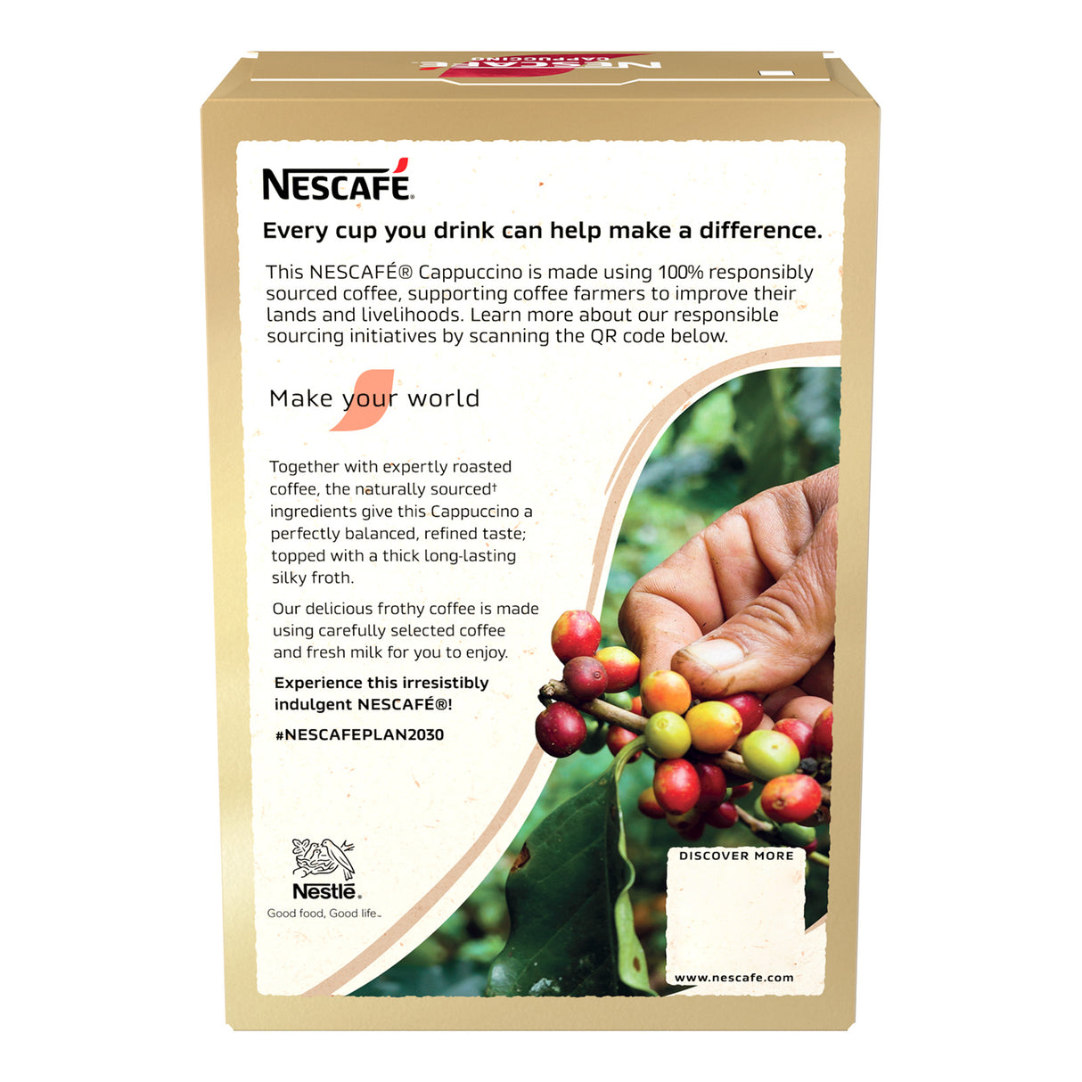 Nescafe coffee packaging with a hand holding coffee beans and text about responsible sourcing.