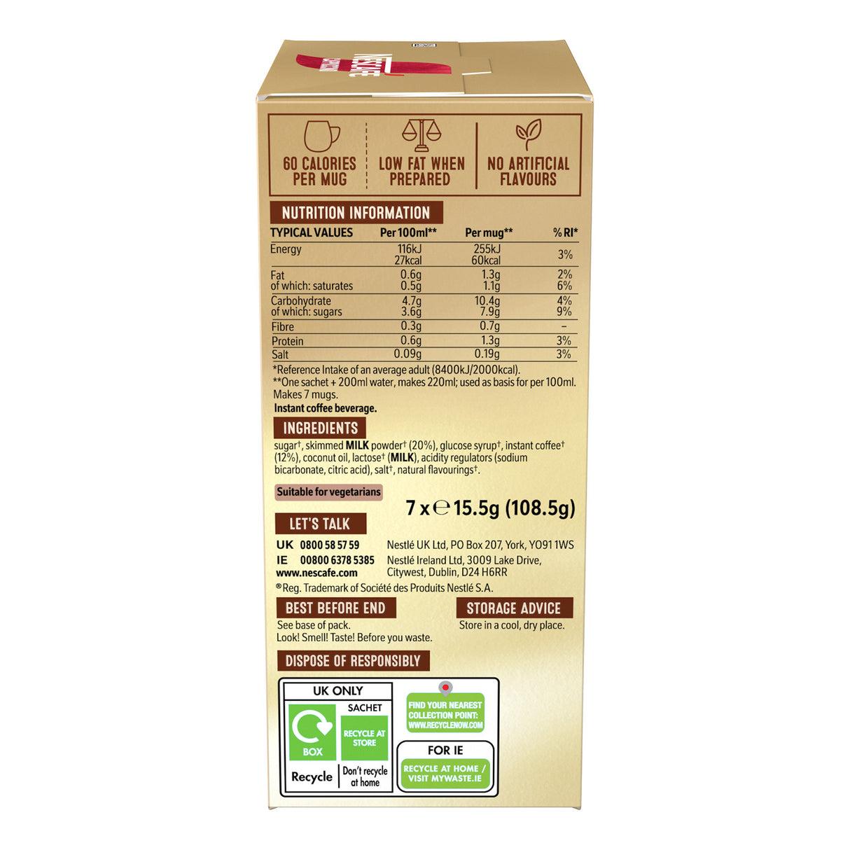 Box of instant coffee with nutritional information and ingredients listed on a white background