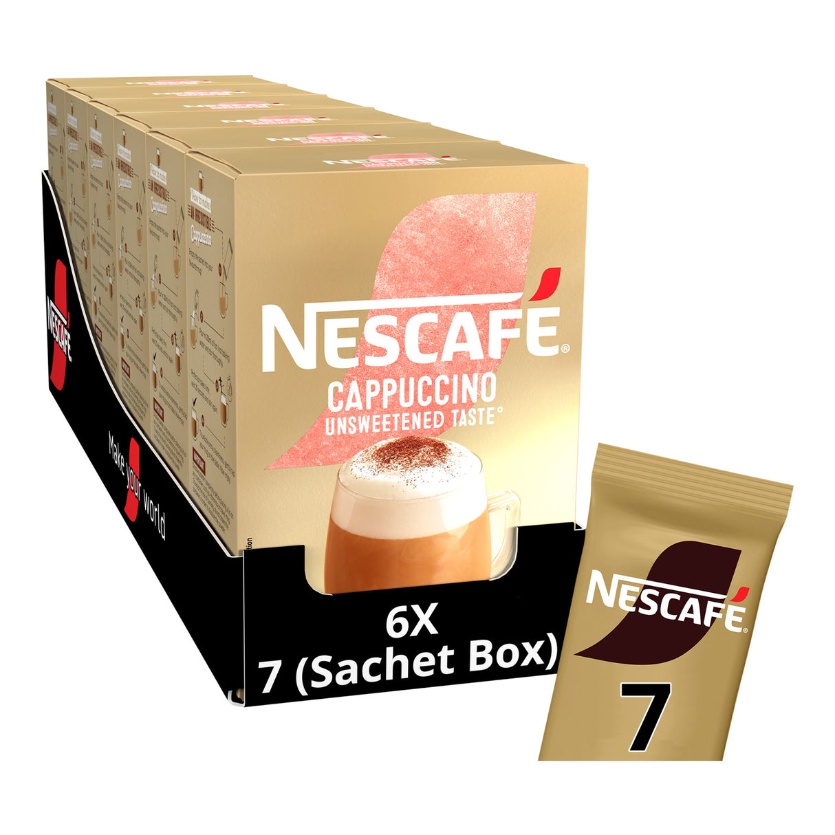 Nescafe Cappuccino decaf unsweetened coffee package with a single sachet on a white background