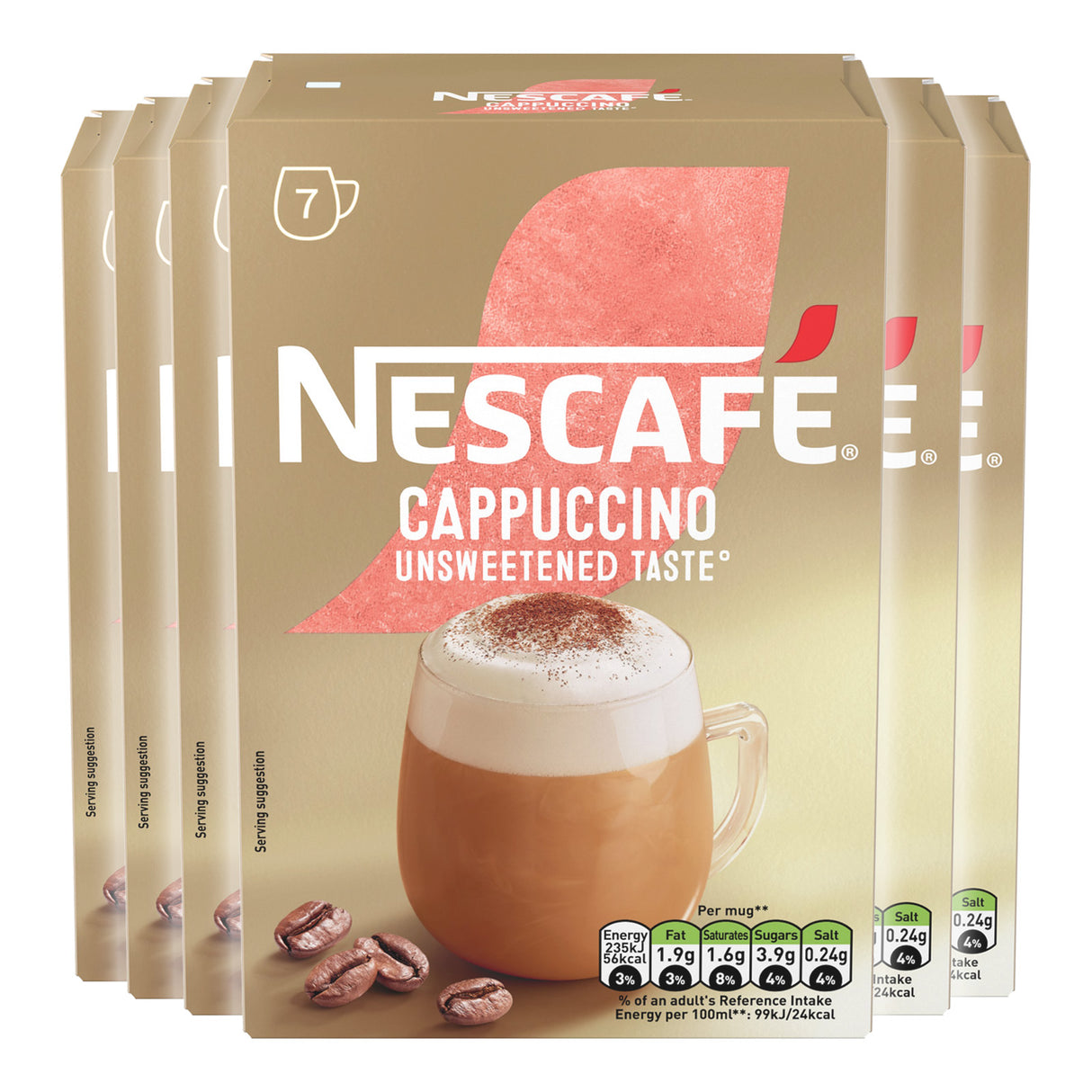 Packaging of Nescafe Cappuccino unsweetened coffee mix on a white background