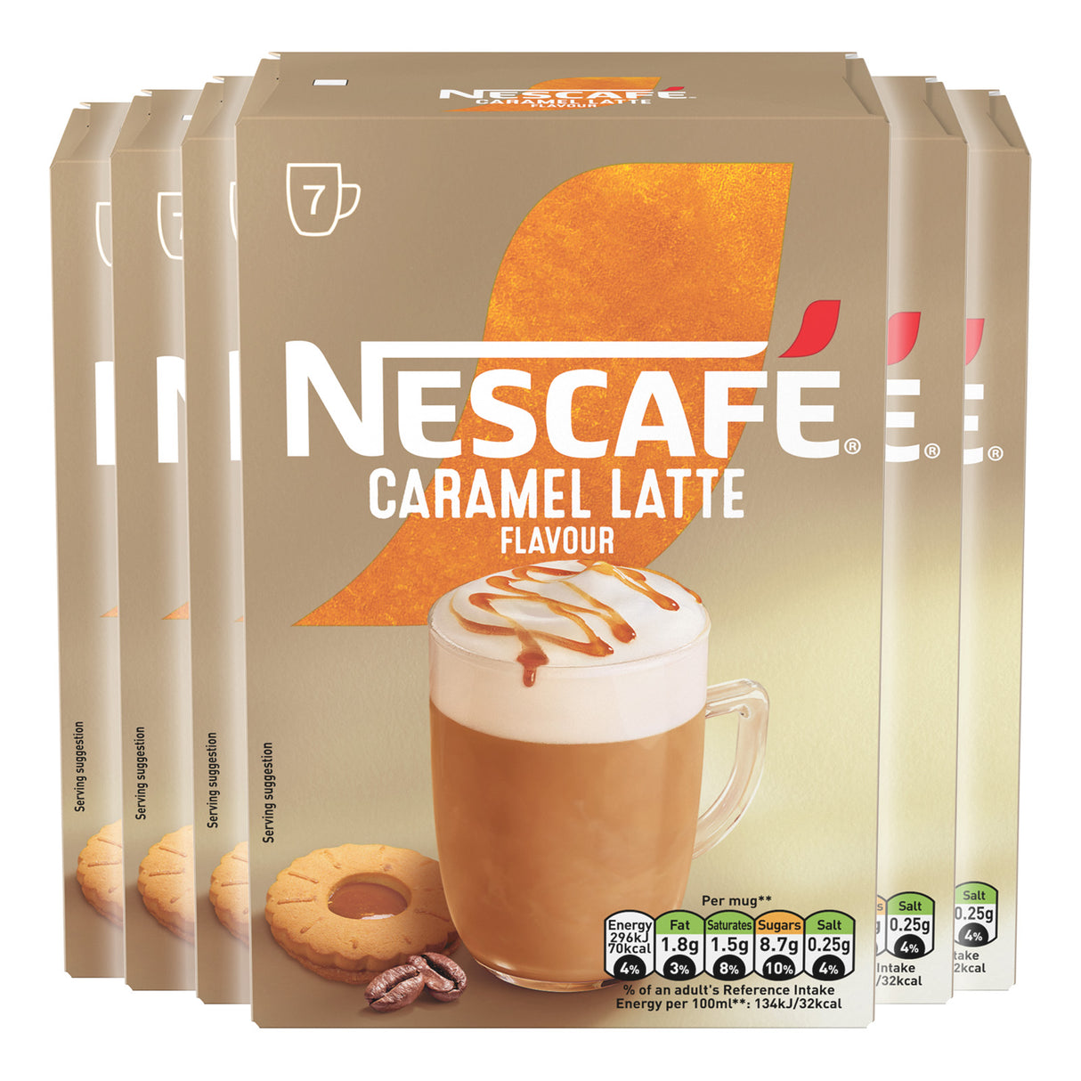 Packaging of Nescafe Caramel Latte flavor coffee mix on a white background