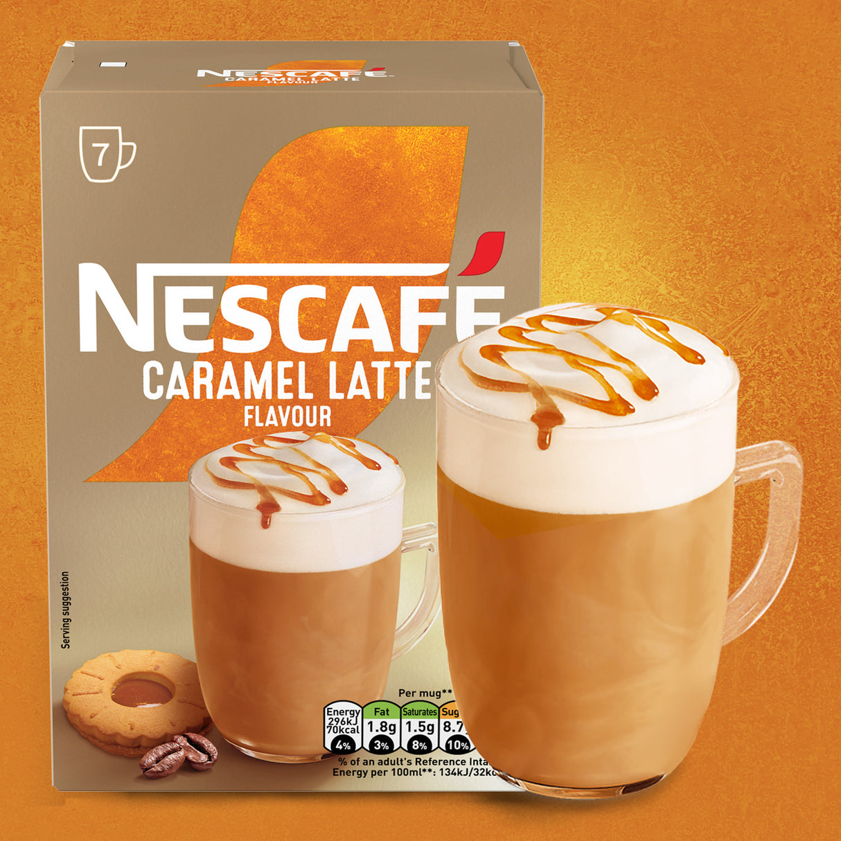 Nescafe Caramel Latte flavor packaging with a glass of latte on an orange background
