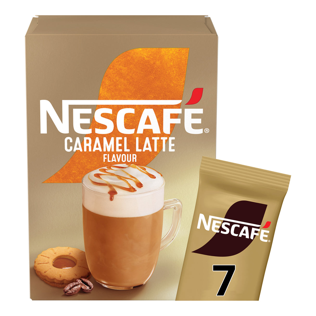 Nescafe Caramel Latte flavor packaging with a cup of coffee and cookies on a beige background