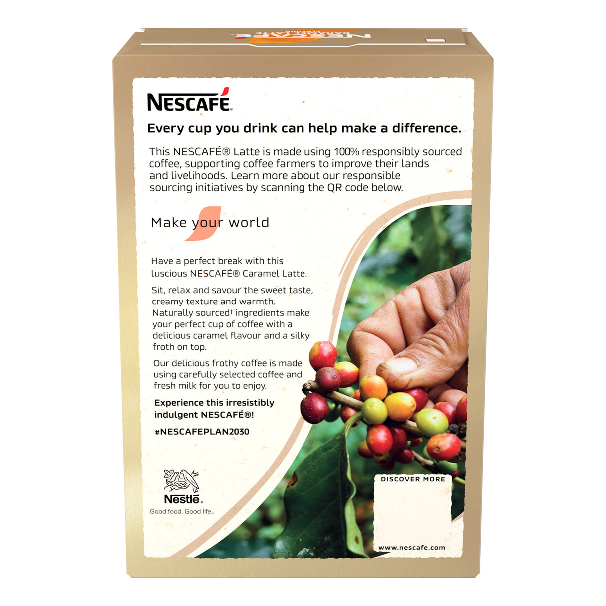 Nescafe coffee packaging with a focus on sustainability and coffee sourcing.