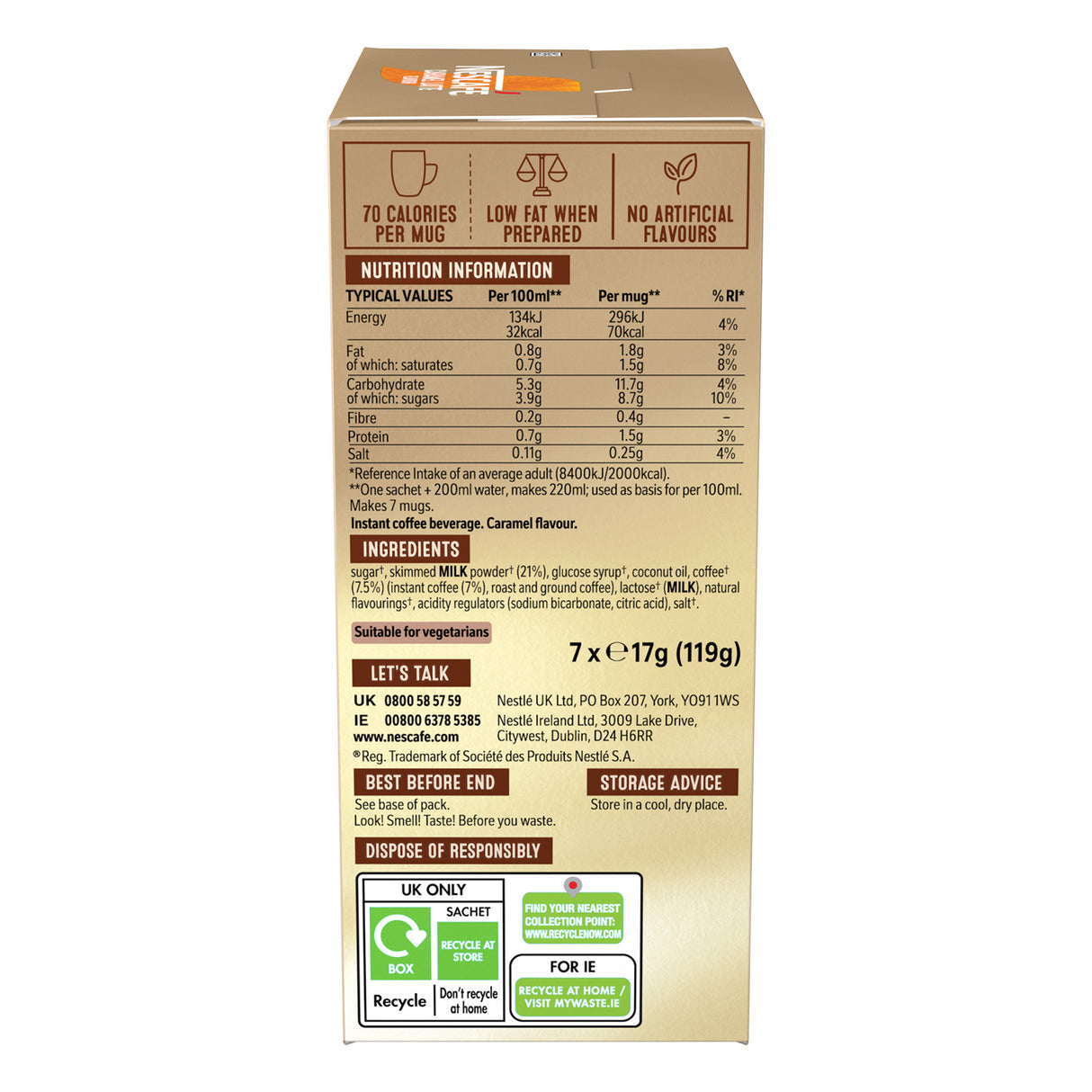 Box of instant coffee with nutritional information and ingredients listed on a white background