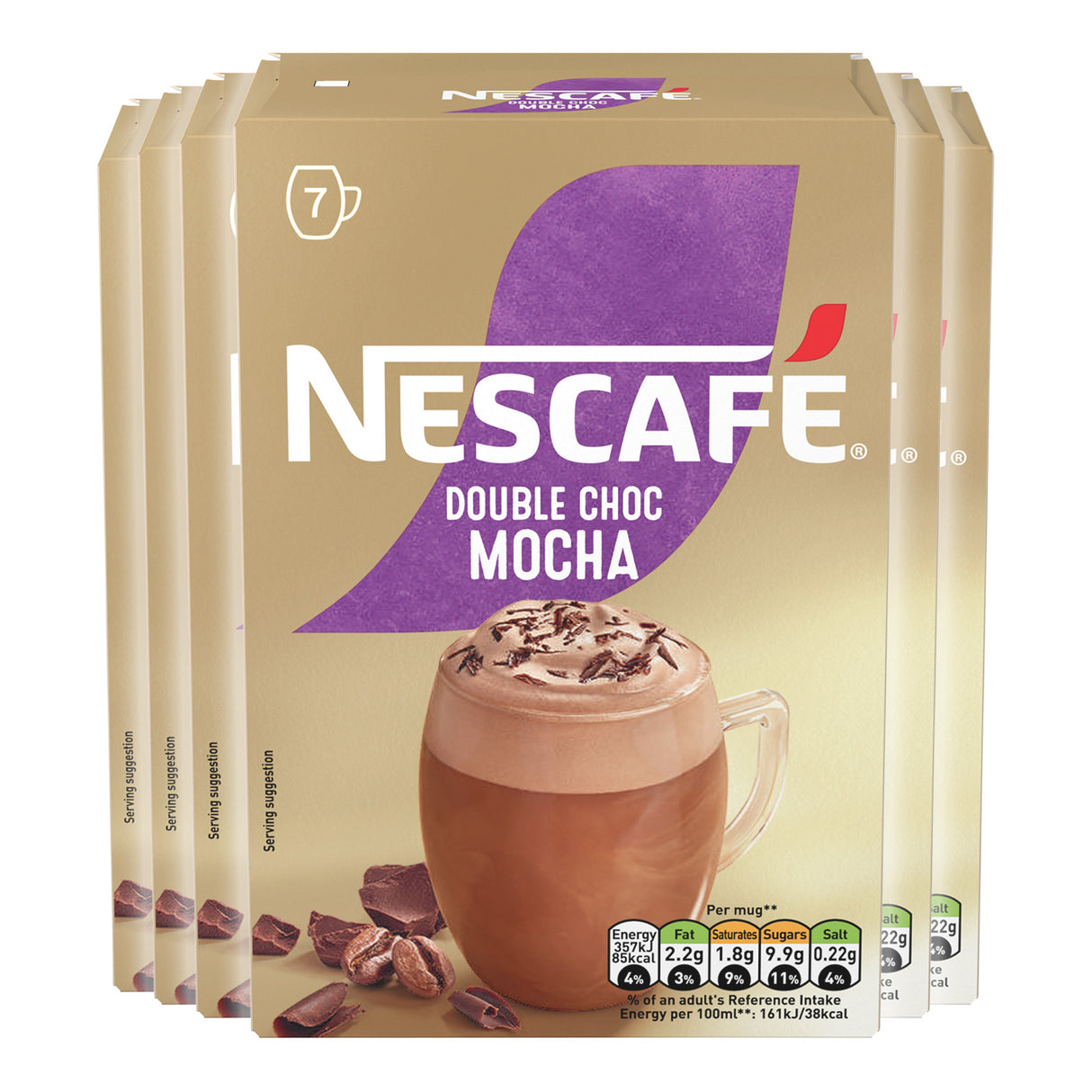 Pack of Nescafe Double Choc Mocha instant coffee on a white background