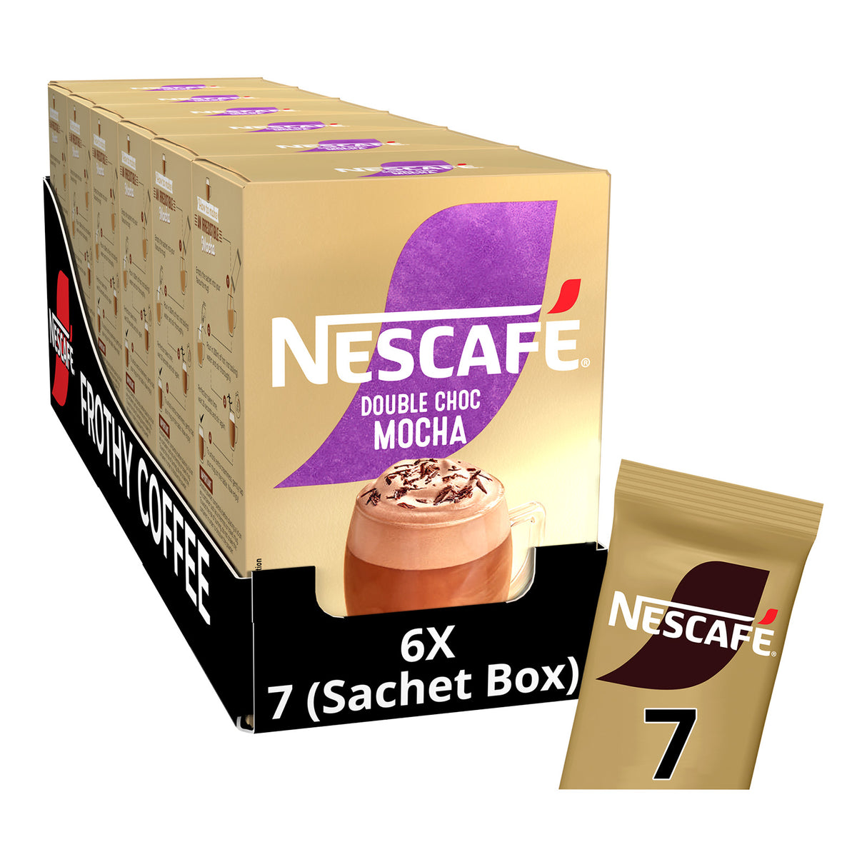 Nescafe Double Choc Mocha instant coffee packaging with a single sachet on a white background