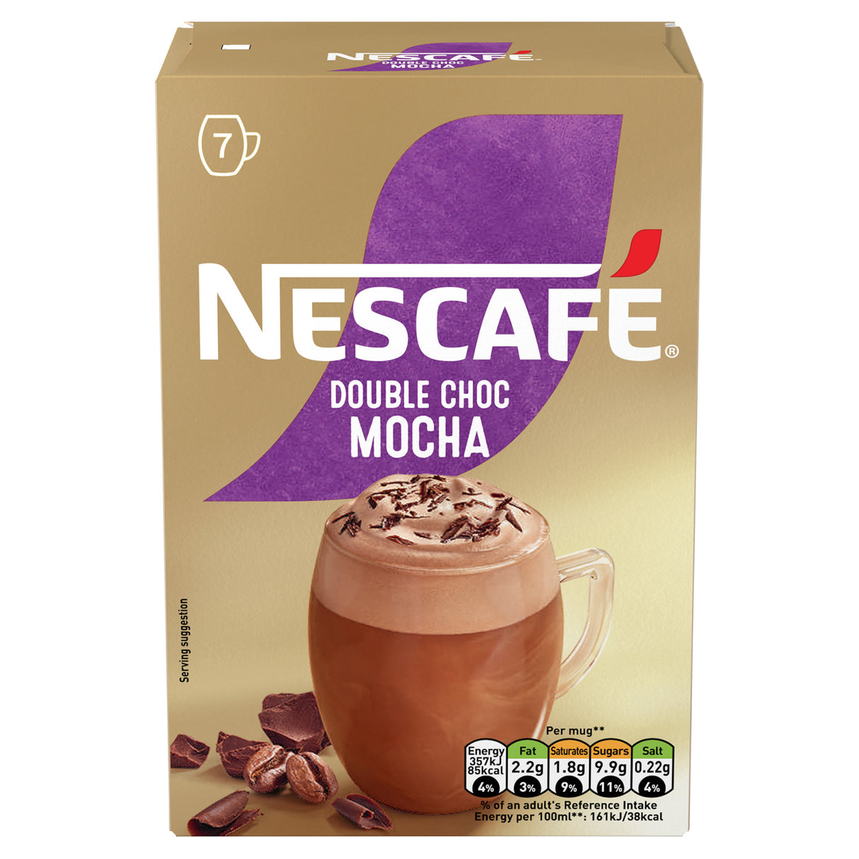 Nescafe Double Choc Mocha instant coffee packaging on a beige background