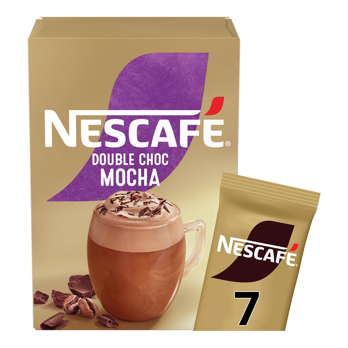 Nescafe Double Choc Mocha coffee package with a cup of coffee and chocolate pieces on a beige background.