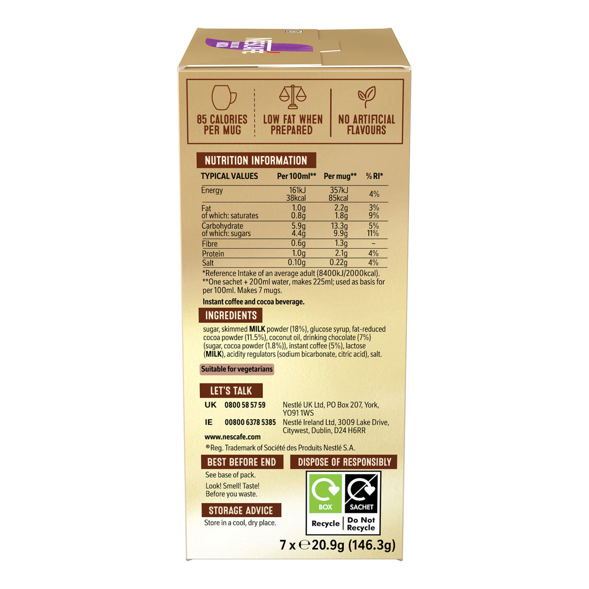 Nescafe Gold Blend instant coffee packaging with nutritional information and ingredients list.