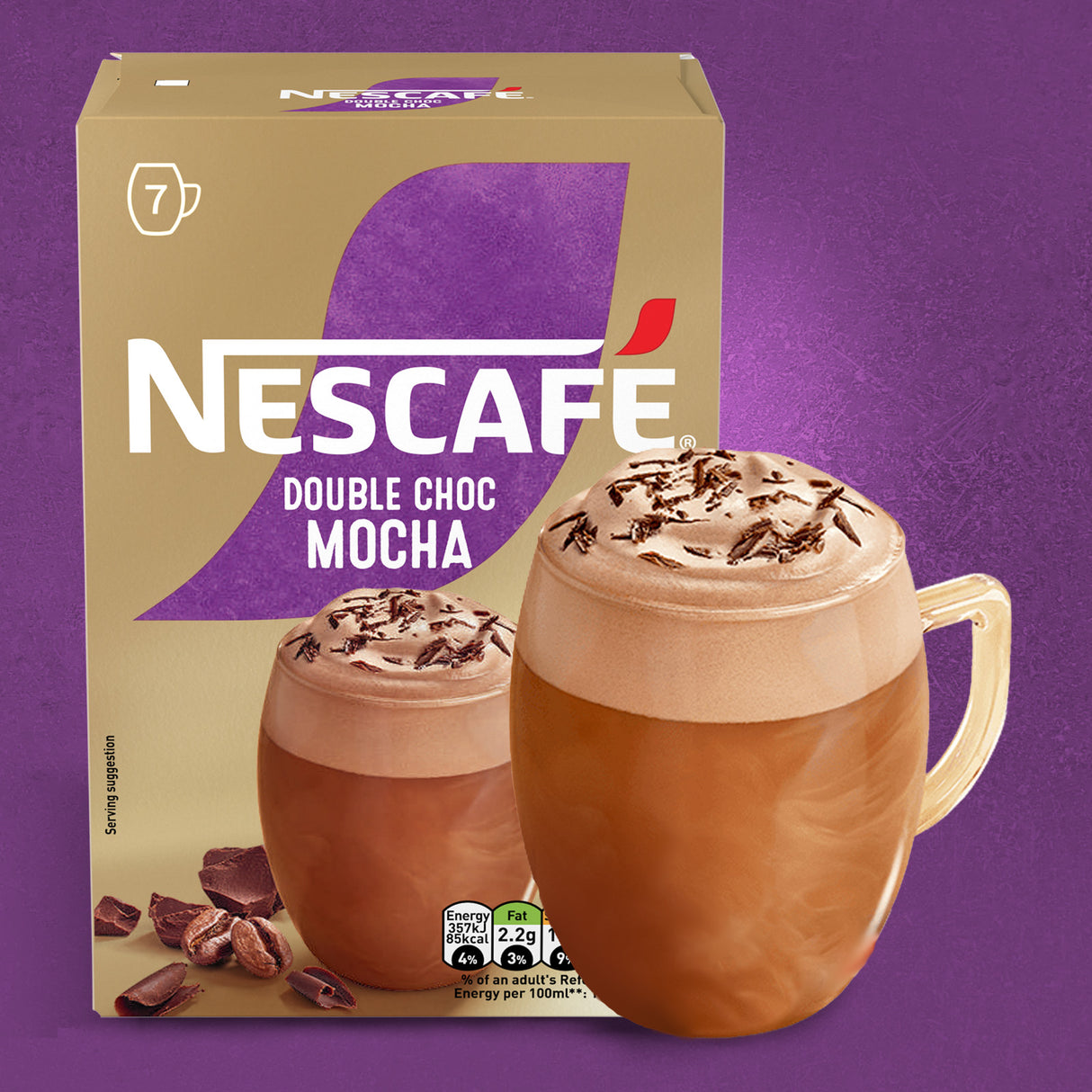Nescafe Double Choc Mocha packaging with a cup of coffee on a purple background