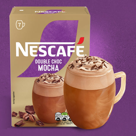 Nescafe Double Choc Mocha packaging with a cup of coffee on a purple background