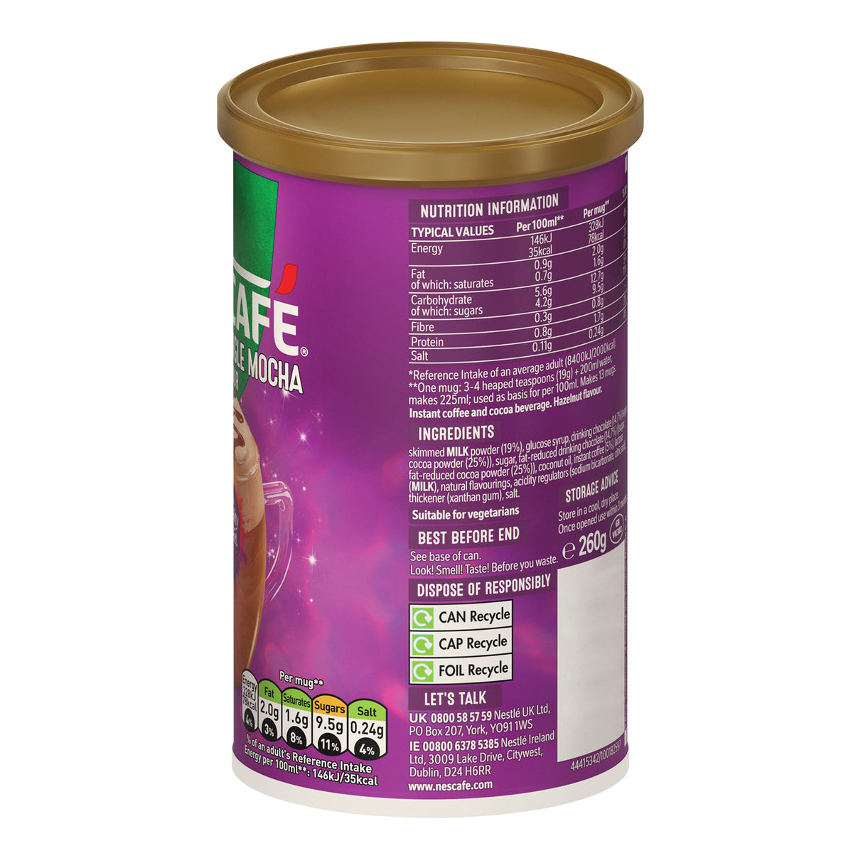 Purple can of Cafe Mocha with a gold lid on a white background