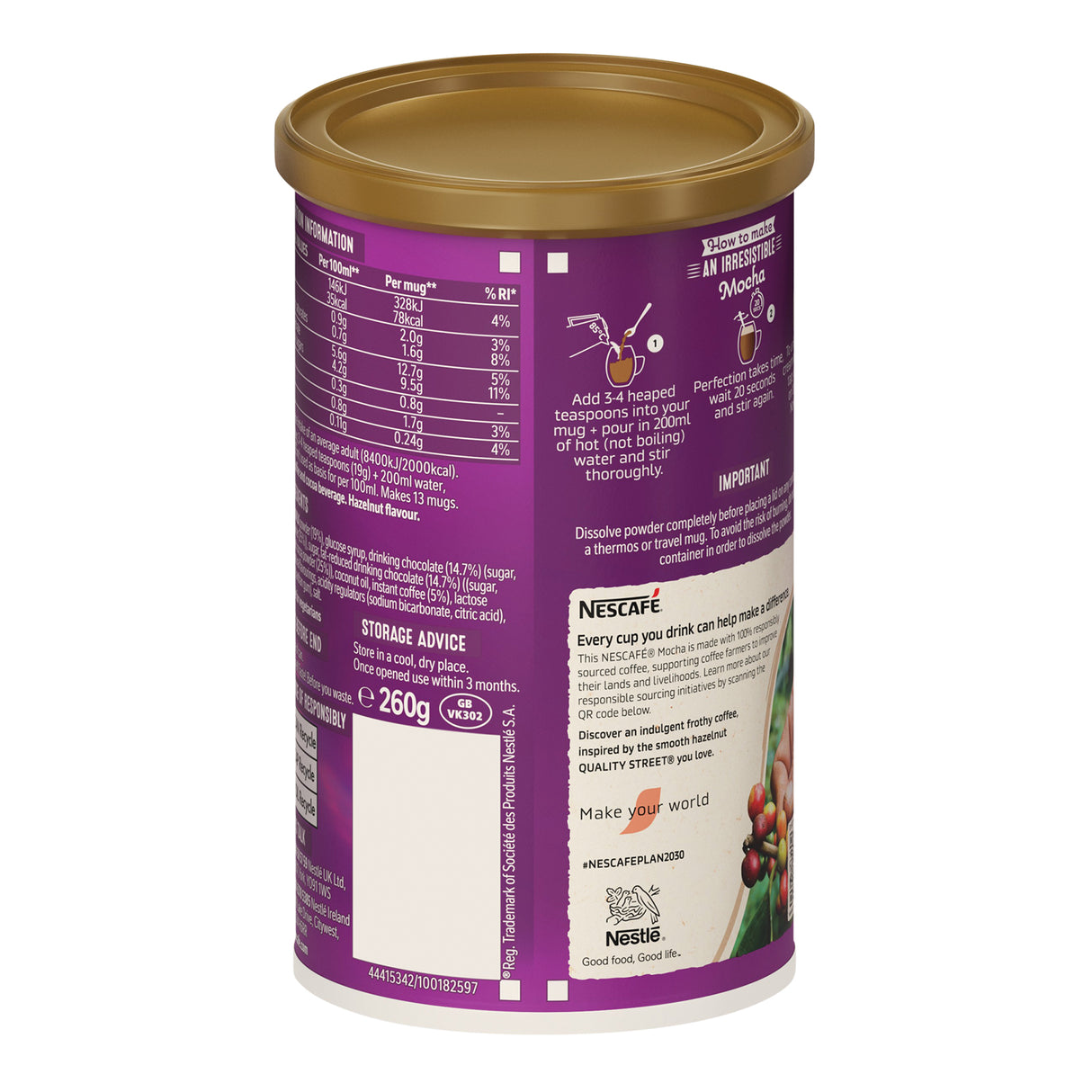 Nescafe instant coffee canister with purple label and gold lid on a white background