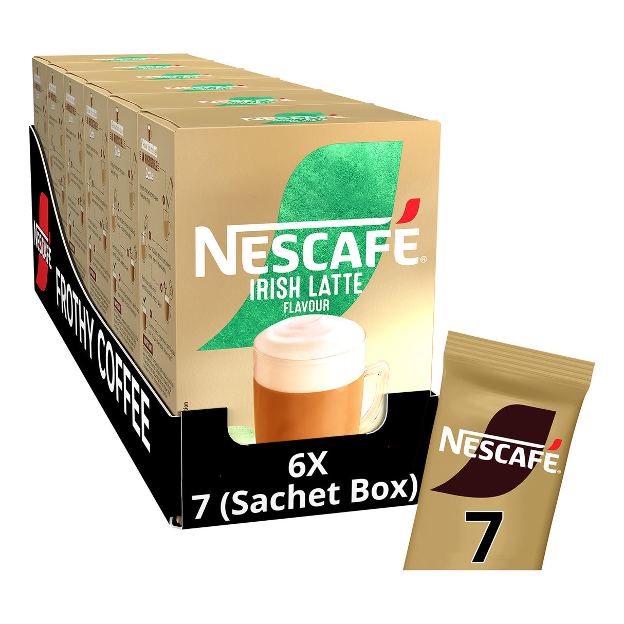 Nescafe Irish Latte Flavour coffee packaging with a cup illustration on a white background