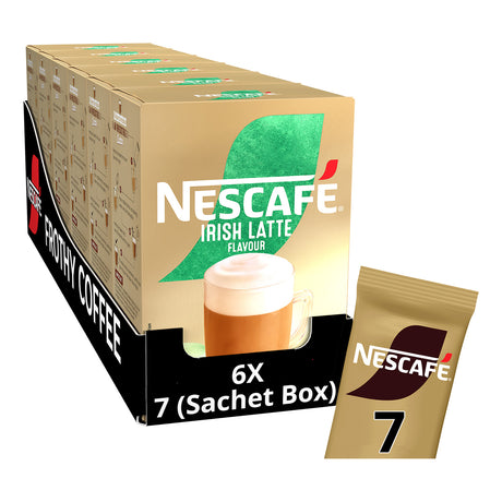 Nescafe Irish Latte Flavour coffee packaging with a cup illustration on a white background