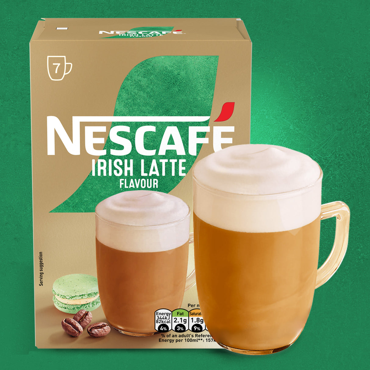 Nescafe Irish Latte flavor packaging with a cup of coffee on a green background
