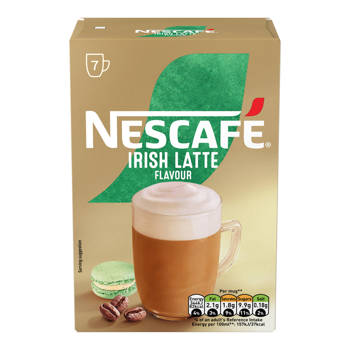 Nescafe Irish Latte flavor coffee packaging on a beige background