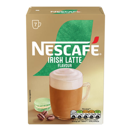 Nescafe Irish Latte flavor coffee packaging on a beige background