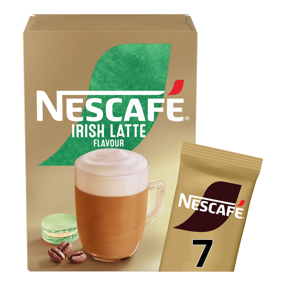 Nescafe Irish Latte coffee packaging with a cup and macaron on a beige background