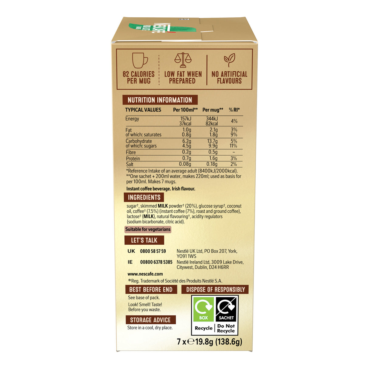 Nutrition information and ingredients label on a box of instant sachets.