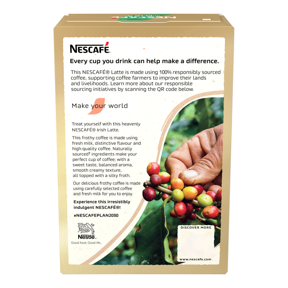 Nescafe coffee package with coffee beans and a hand picking coffee cherries