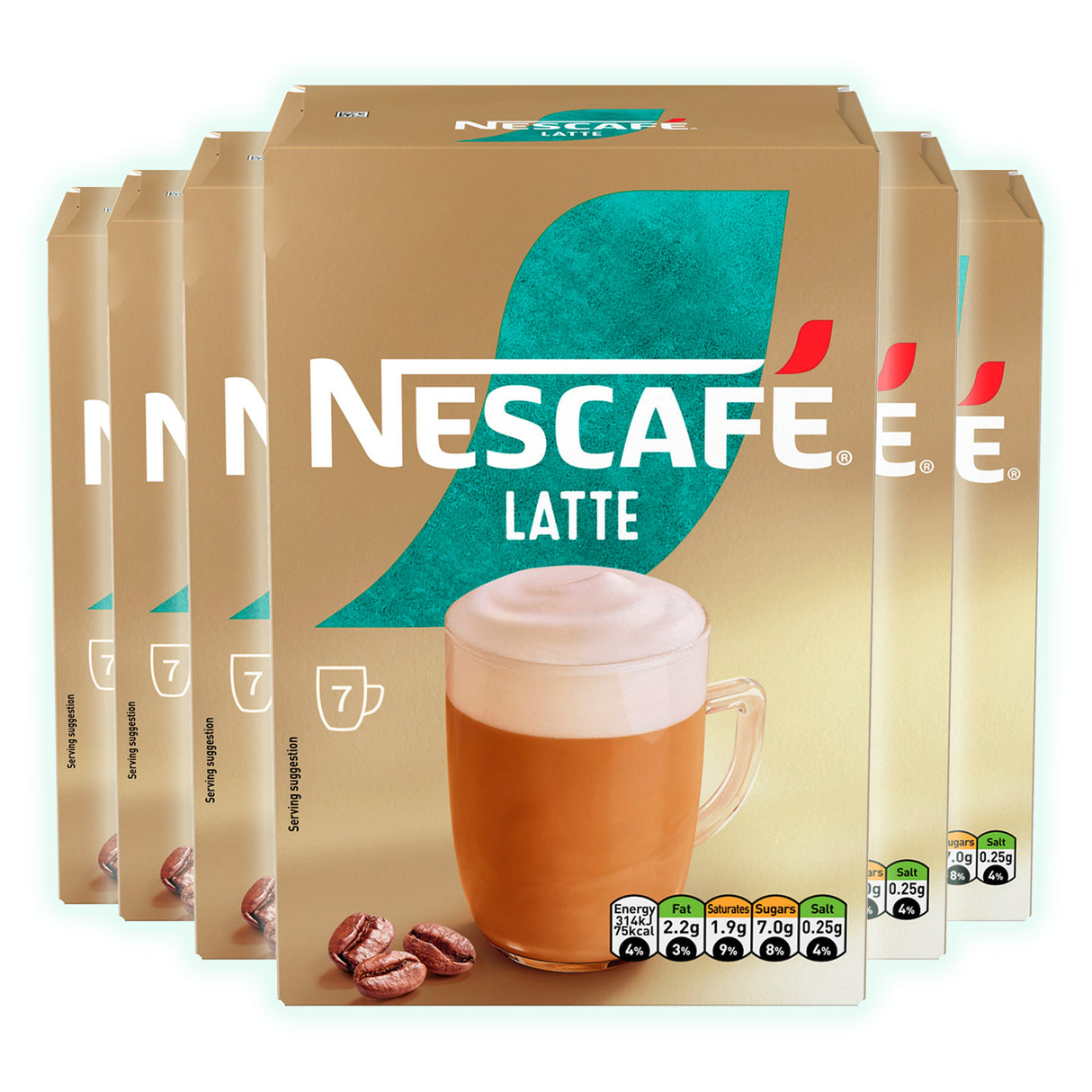 Nescafe Latte coffee packaging with a cup of coffee on a beige background
