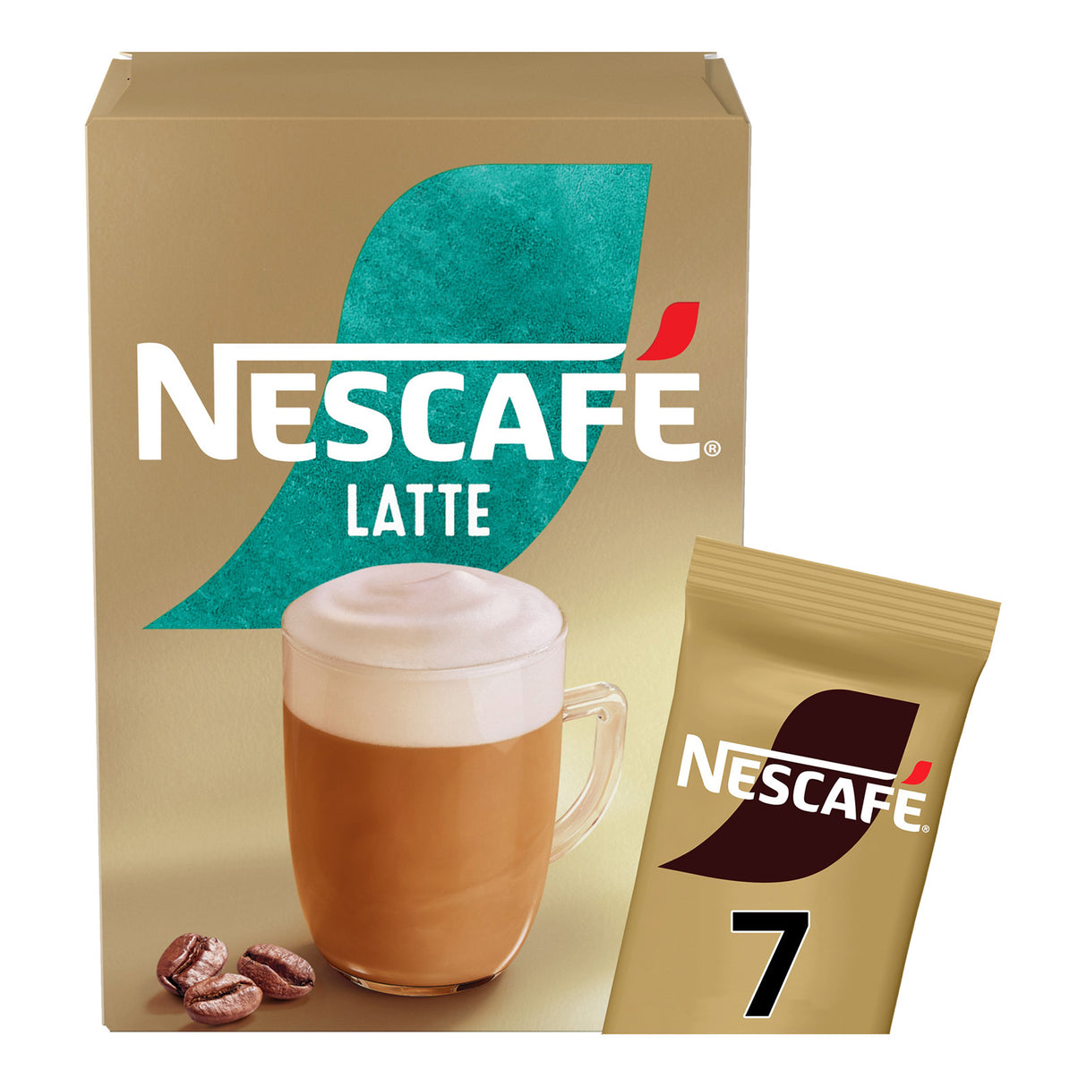 Nescafe Latte packaging with a cup of coffee and coffee beans on a beige background