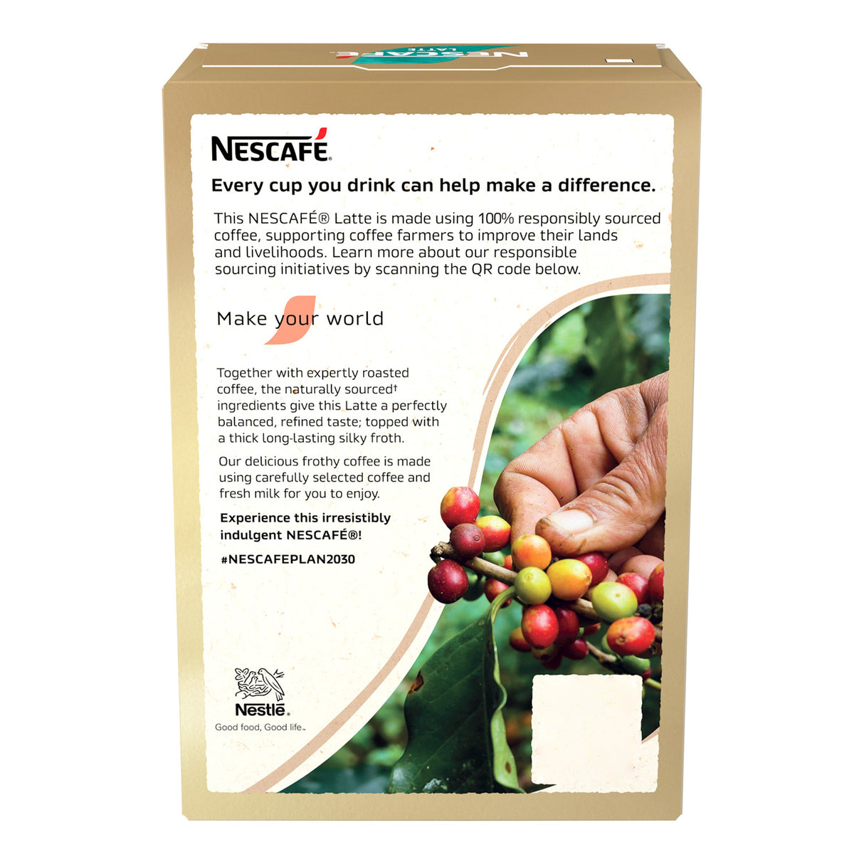 Nescafe coffee packaging with a focus on sustainability and coffee sourcing.