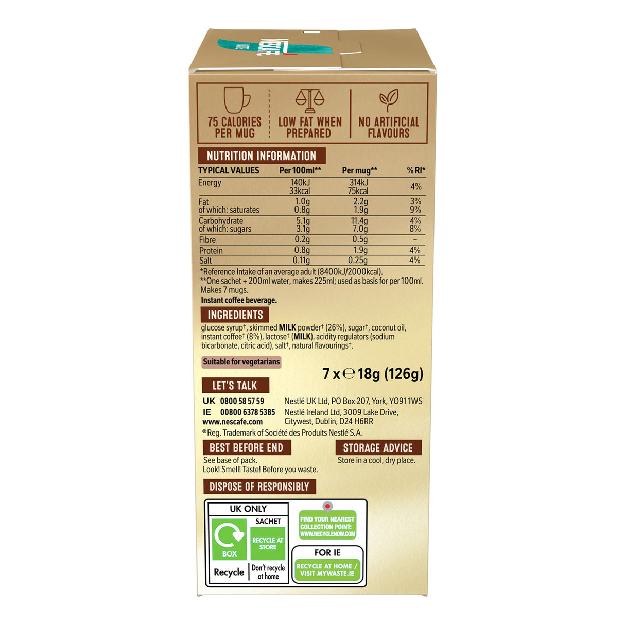 Box of Nescafe Gold Blend instant coffee with nutritional information and ingredients listed.