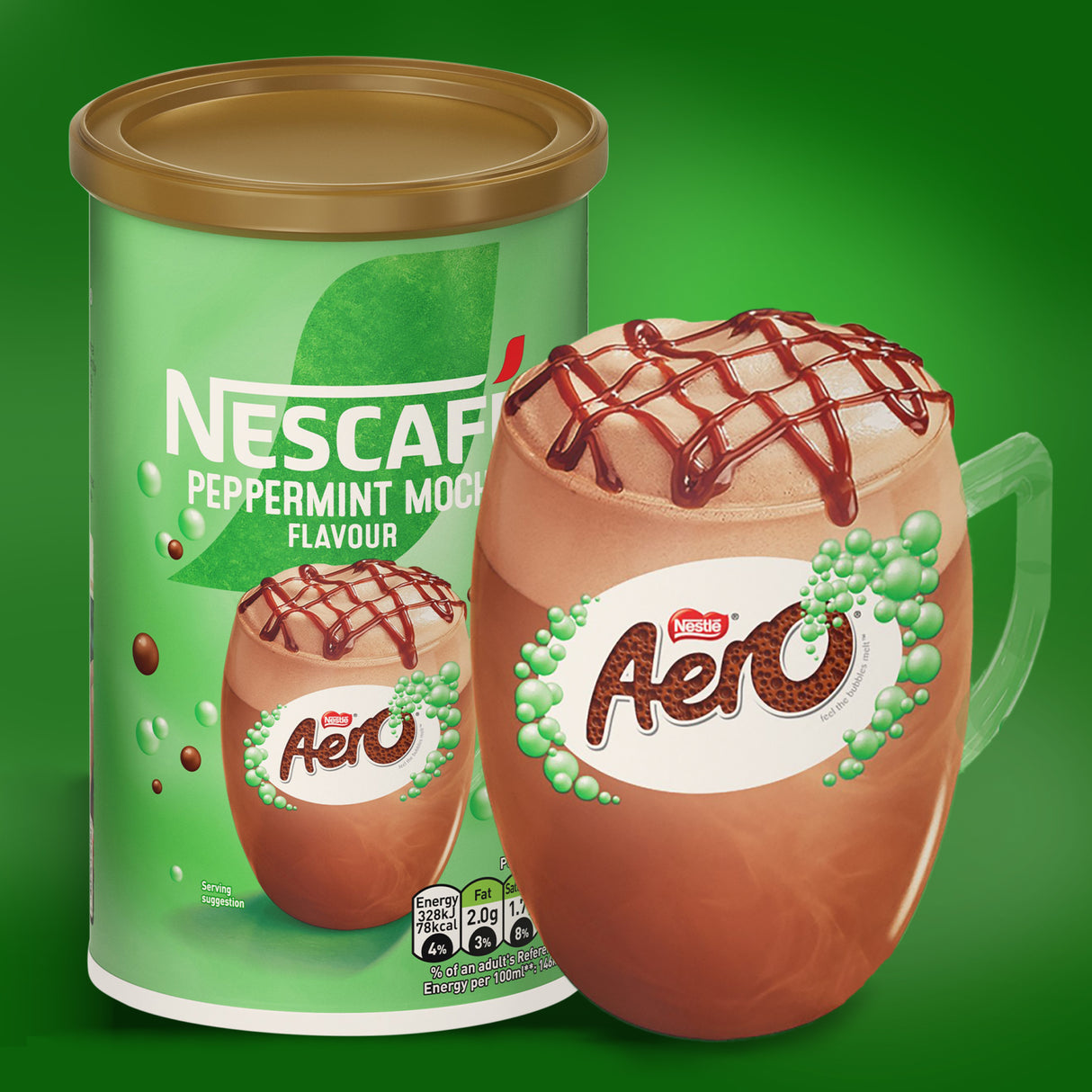 Nescafe peppermint mock flavor packaging with a mug on a green background