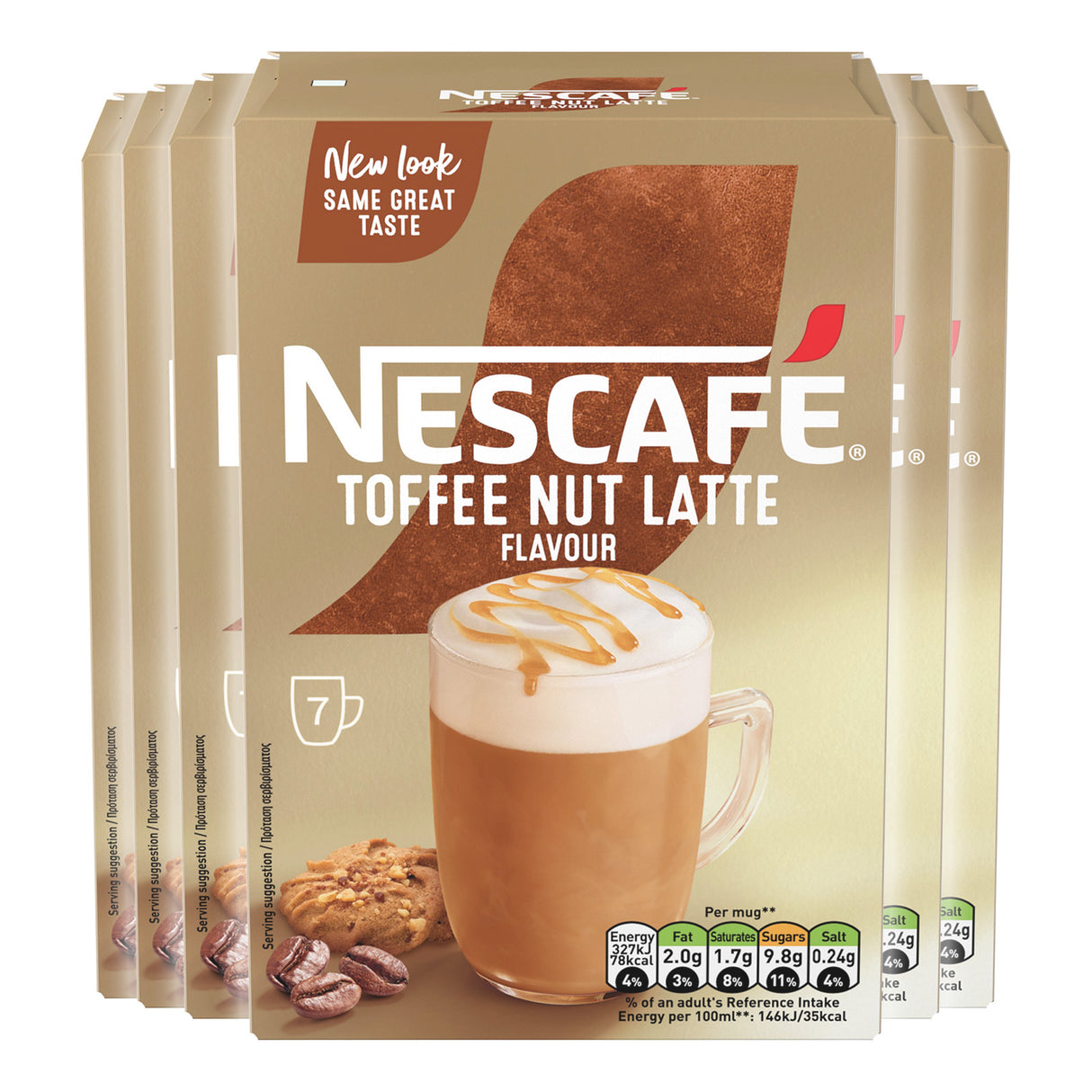 Packaging of Nescafe Toffee Nut Latte coffee mix with a cup and cookies on a beige background.