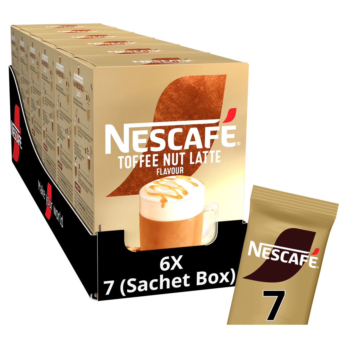 Nescafe Toffee Nut Latte flavor coffee packaging with a single sachet on a white background