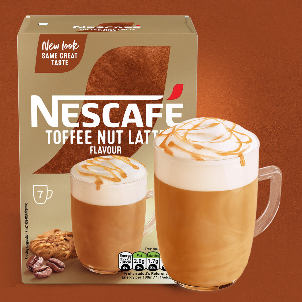 Nescafe Toffee Nut Latte packaging with a cup of coffee on an orange background