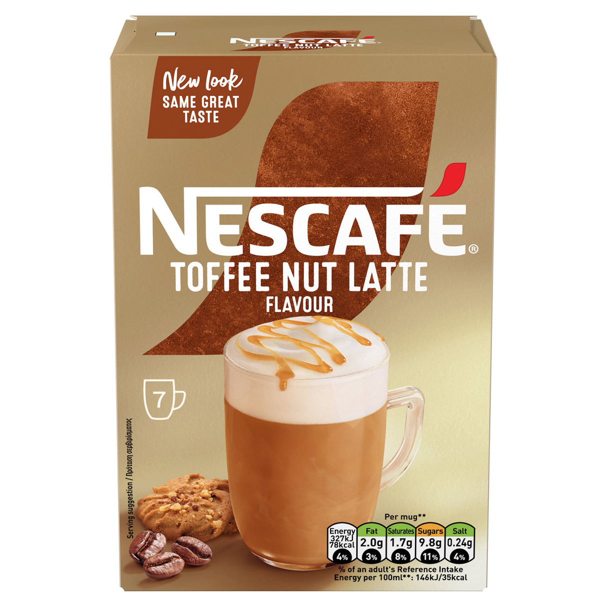 Nescafe Toffee Nut Latte flavor coffee packaging on a white background