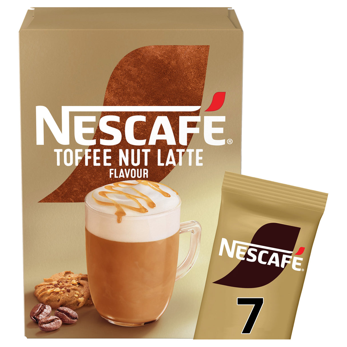 Nescafe Toffee Nut Latte packaging with a cup of coffee and cookies on a beige background